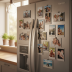 fridge freezer with mor than one photo magnet on it