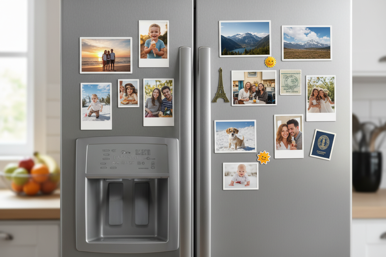 refrigerator with photo fridge magnets 